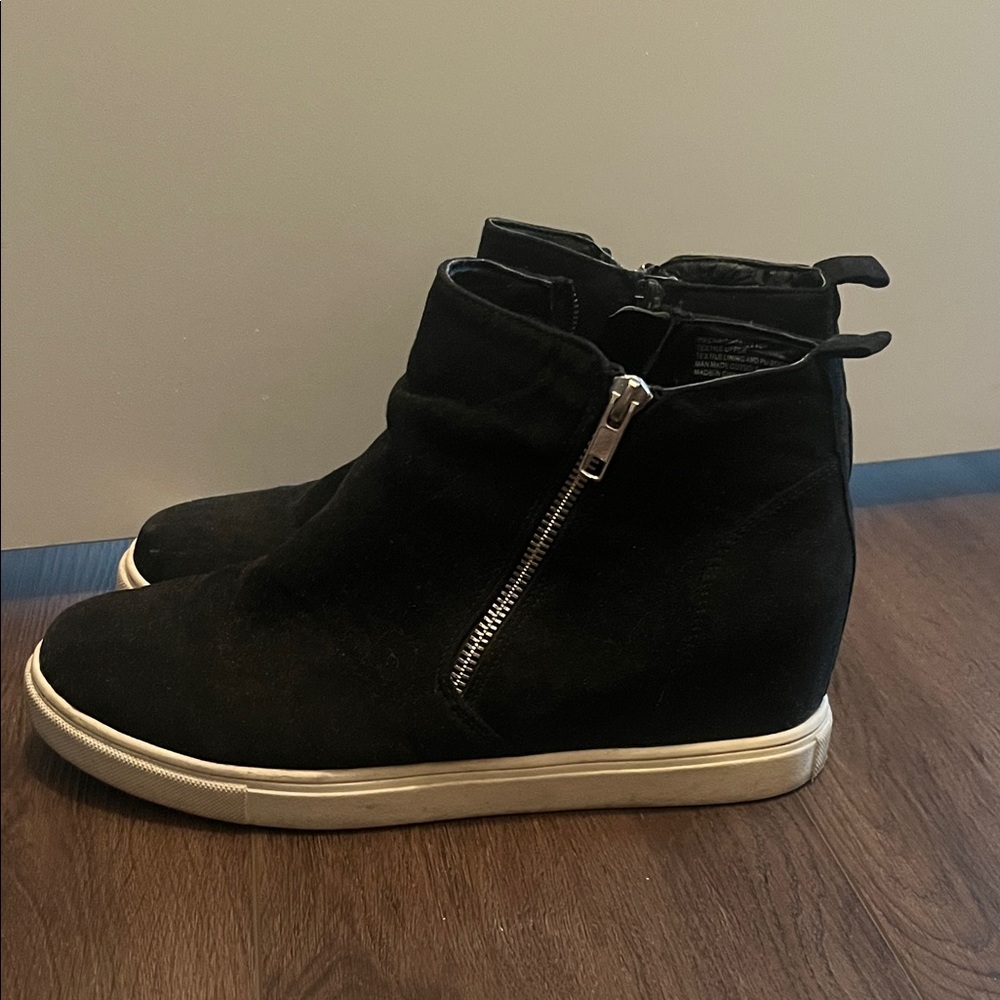 Black Suede Wedge Sneaker Boot with Side Zip